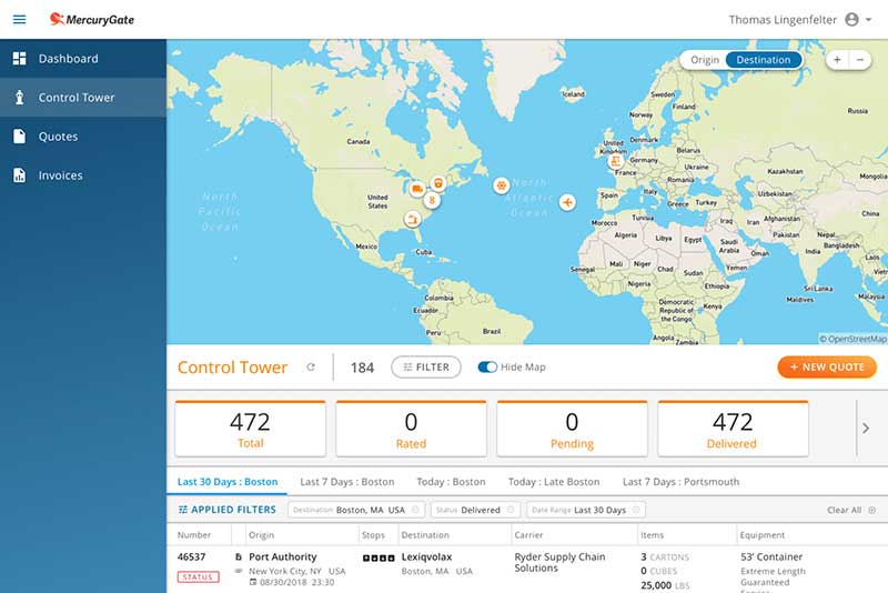 MercuryGate Customer Portal - Control Tower Visibility View