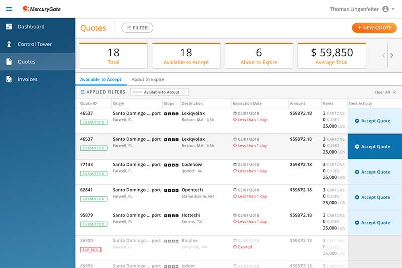 MercuryGate Customer Portal - Quick Quote Screen